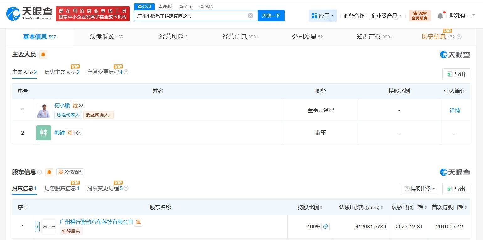 何小鹏在广州小鹏汽车科技公司职位发生变更